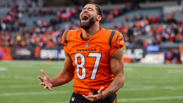 Bengals' C.J. Uzomah celebrates after beating Chiefs